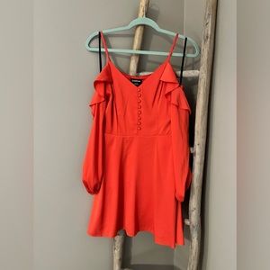 Bebe off the shoulder long sleeve dress in coral